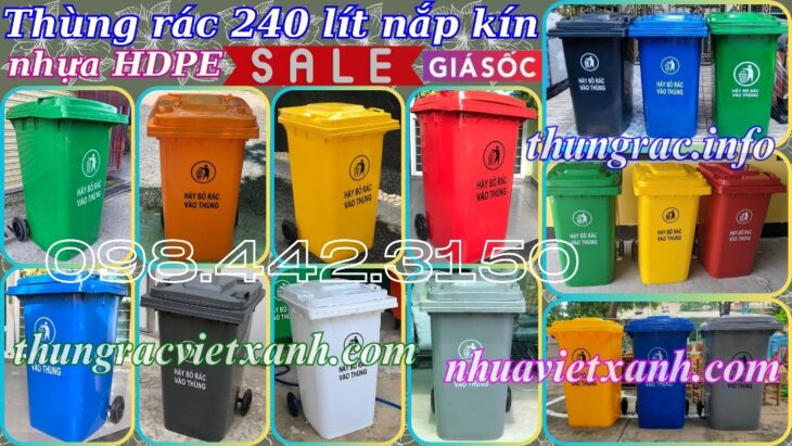 Thùng rác nhựa 240L nắp kín nhiều màu sắc giúp phân loại rác thải