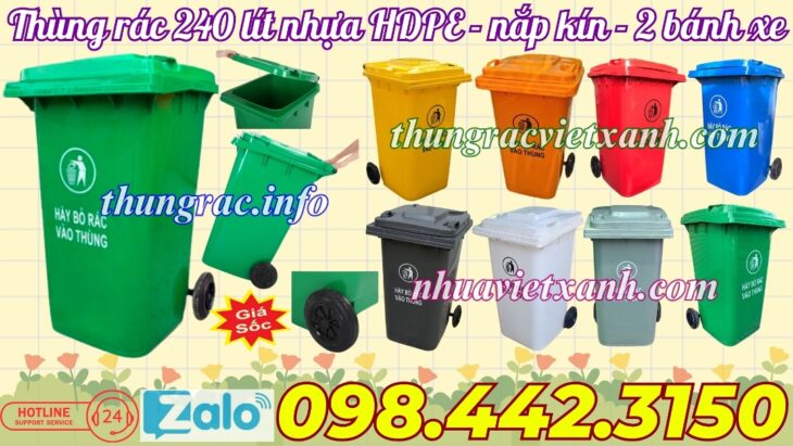 Thùng rác nhựa 240L nắp kín nhiều màu sắc giúp phân loại rác thải