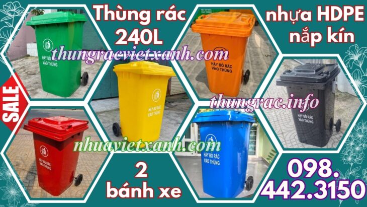 Thùng rác nhựa 240L nắp kín nhiều màu sắc giúp phân loại rác thải