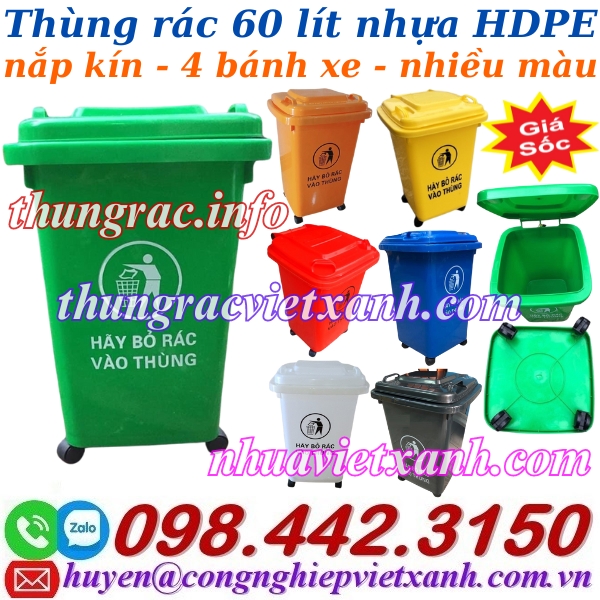 Thùng rác 60 lít nắp kín nhựa HDPE 4 bánh xe – nhiều màu sắc phân loại rác