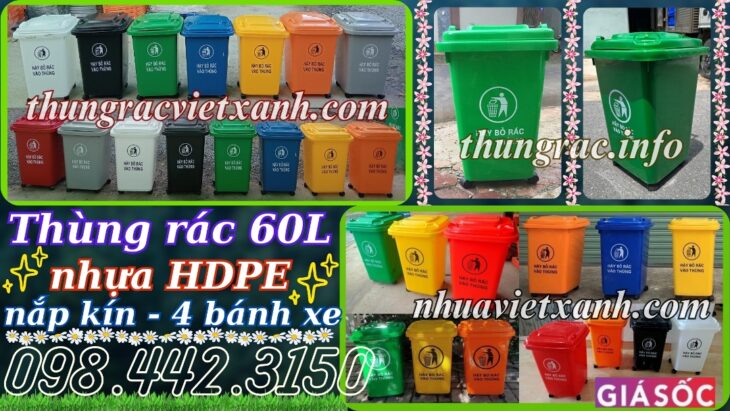 Thùng rác 60 lít nắp kín nhựa HDPE 4 bánh xe – nhiều màu sắc phân loại rác
