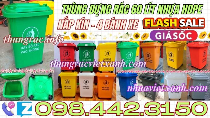 Thùng rác 60 lít nắp kín nhựa HDPE 4 bánh xe – nhiều màu sắc phân loại rác