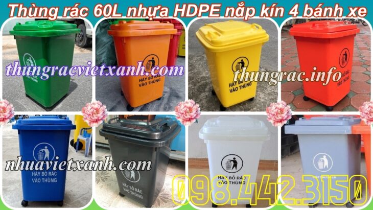 Thùng rác 60 lít nắp kín nhựa HDPE 4 bánh xe – nhiều màu sắc phân loại rác
