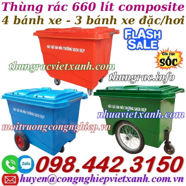 Thùng rác 660 lít nhựa composite 4 bánh xe và 3 bánh xe đặc/hơi