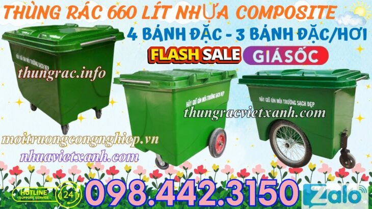 Thùng rác 660 lít nhựa composite 4 bánh xe và 3 bánh xe đặc/hơi