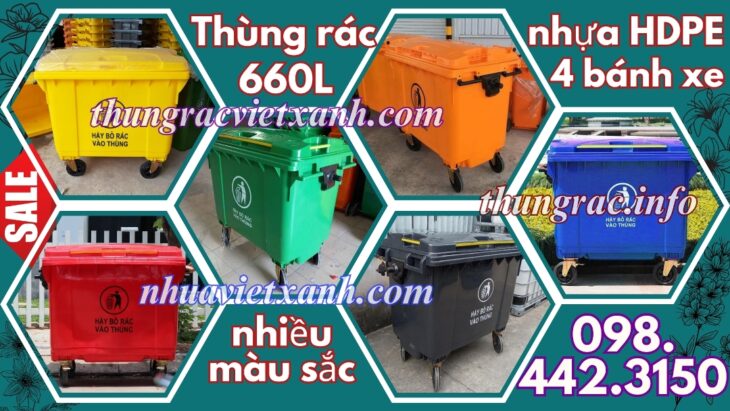 Thùng rác nhựa 660 lít nhiều màu sắc giúp phân loại rác thải