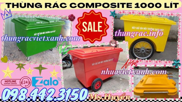Thùng rác 1000 lít nhựa composite 4 bánh xe và 3 bánh xe