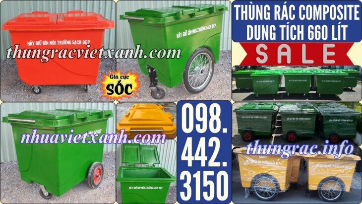 Thùng rác 660 lít nhựa composite 4 bánh xe và 3 bánh xe đặc/hơi