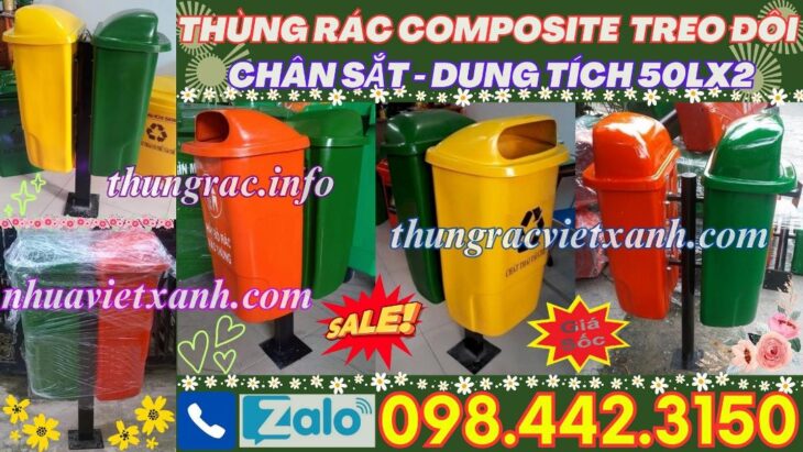 Thùng rác composite treo đôi chân sắt 50Lx2