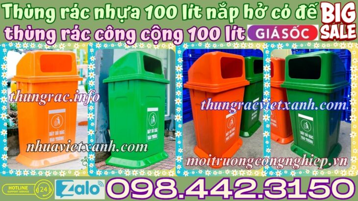 Thùng rác 100 lít nắp hở có đế nhựa HDPE