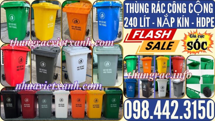 Thùng rác nhựa 240L nắp kín nhiều màu sắc giúp phân loại rác thải