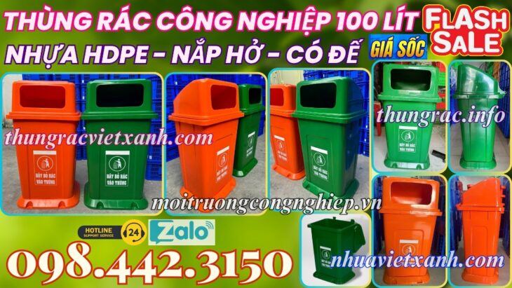 Thùng rác 100 lít nắp hở có đế nhựa HDPE