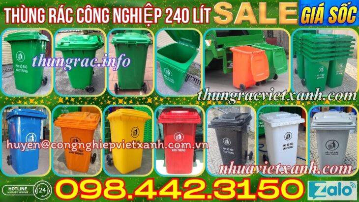 Thùng rác nhựa 240L nắp kín nhiều màu sắc giúp phân loại rác thải