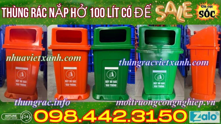 Thùng rác 100 lít nắp hở có đế nhựa HDPE