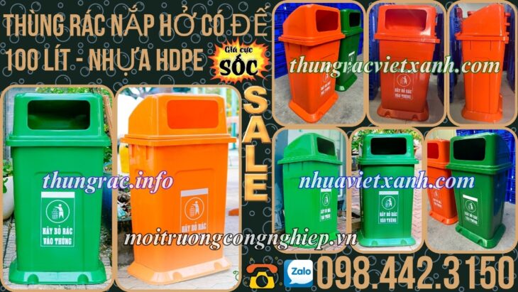 Thùng rác 100 lít nắp hở có đế nhựa HDPE