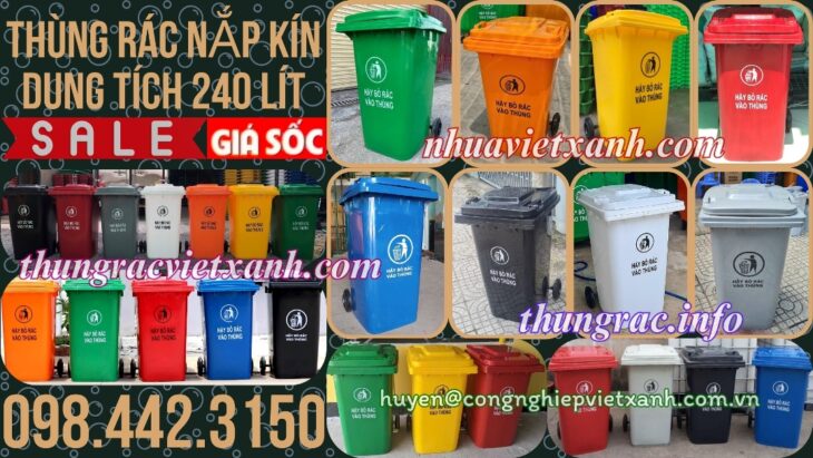 Thùng rác nhựa 240L nắp kín nhiều màu sắc giúp phân loại rác thải