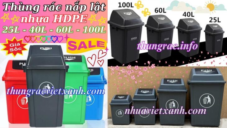 Thùng rác nắp lật nhựa HDPE dung tích 25L – 40L – 60L – 100L