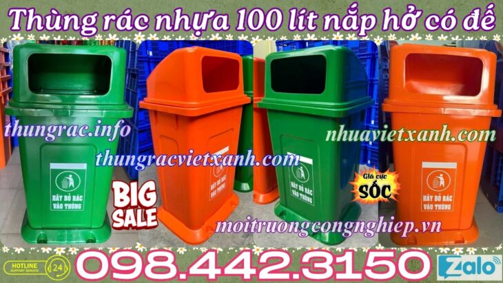Thùng rác 100 lít nắp hở có đế nhựa HDPE