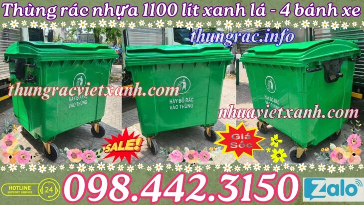 Thùng rác 1100 lít nhựa HDPE – 4 bánh xe – màu xanh lá