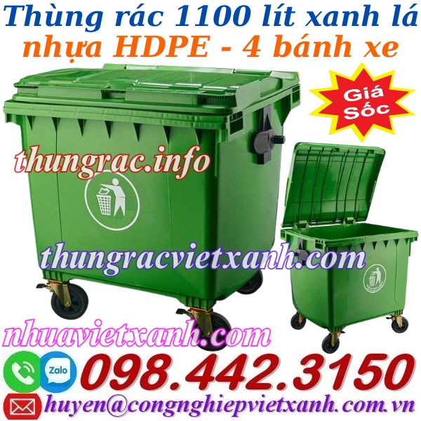 Thùng rác 1100 lít nhựa HDPE – 4 bánh xe – màu xanh lá