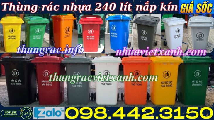 Thùng rác nhựa 240L nắp kín nhiều màu sắc giúp phân loại rác thải