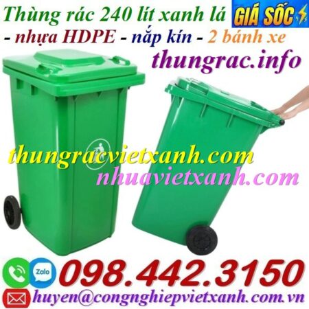 Thùng rác nhựa 240L nắp kín màu xanh lá Thùng rác nhựa 240L nắp kín màu xanh lá