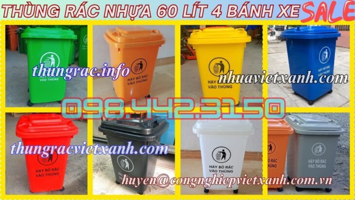 Thùng rác 60 lít nắp kín nhựa HDPE 4 bánh xe – nhiều màu sắc phân loại rác