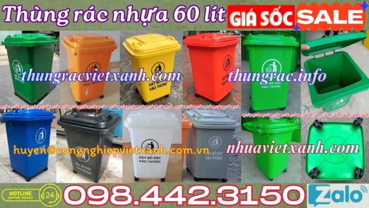 Thùng rác 60 lít nắp kín nhựa HDPE 4 bánh xe – nhiều màu sắc phân loại rác