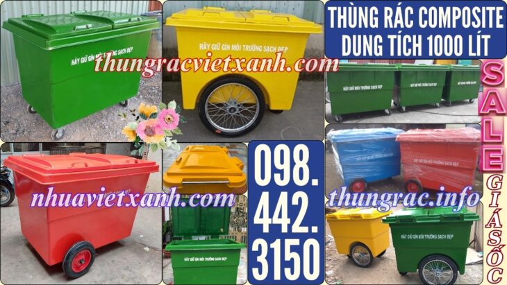 Thùng rác 1000 lít nhựa composite 4 bánh xe và 3 bánh xe