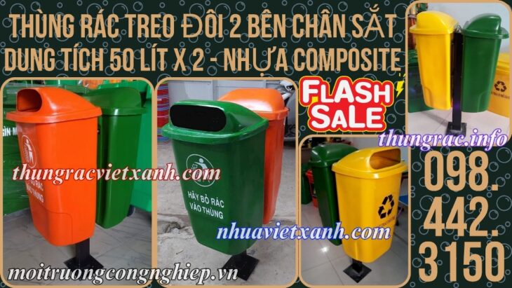 Thùng rác composite treo đôi chân sắt 50Lx2
