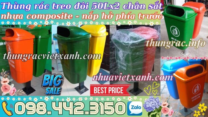 Thùng rác composite treo đôi chân sắt 50Lx2