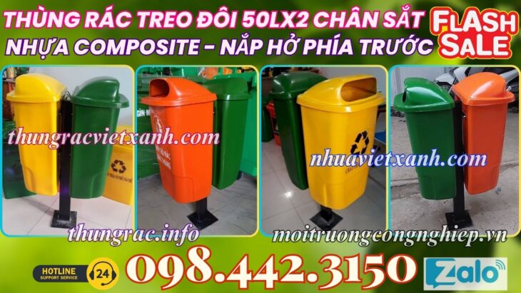 Thùng rác composite treo đôi chân sắt 50Lx2