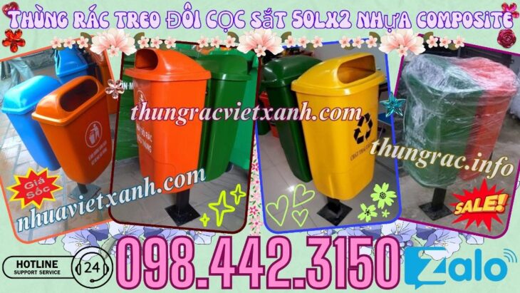 Thùng rác composite treo đôi chân sắt 50Lx2