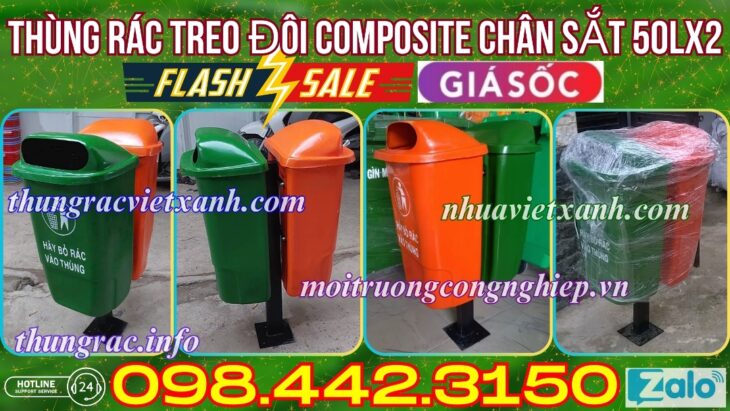 Thùng rác composite treo đôi chân sắt 50Lx2