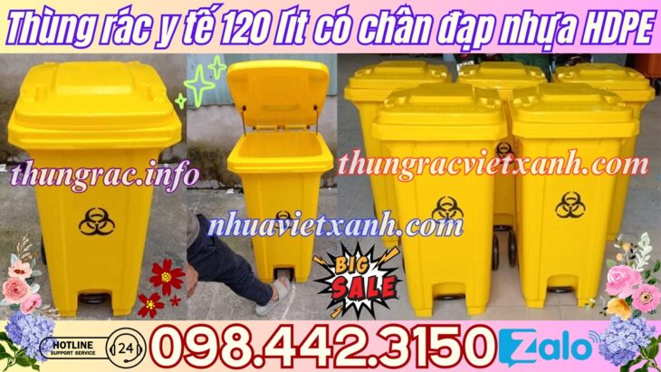 Thùng rác nhựa đạp chân 120 lít có 2 bánh xe