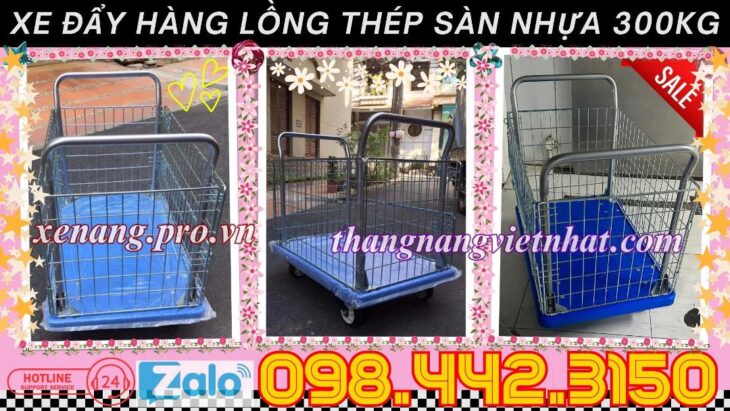 Xe đẩy hàng sàn nhựa 300kg có lồng thép