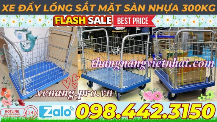 Xe đẩy hàng sàn nhựa 300kg có lồng thép