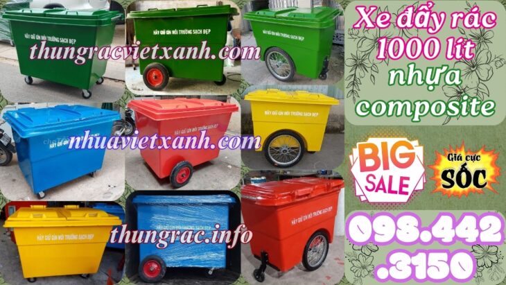 Thùng rác 1000 lít nhựa composite 4 bánh xe và 3 bánh xe