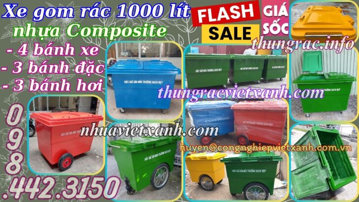 Thùng rác 1000 lít nhựa composite 4 bánh xe và 3 bánh xe