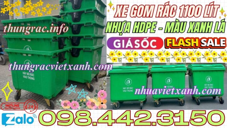 Thùng rác 1100 lít nhựa HDPE – 4 bánh xe – màu xanh lá