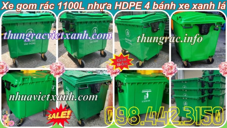 Thùng rác 1100 lít nhựa HDPE – 4 bánh xe – màu xanh lá