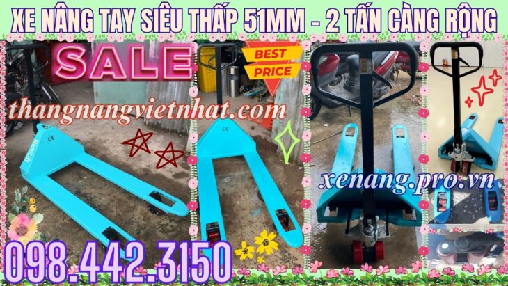 Xe nâng tay siêu thấp 51mm tải 2 tấn càng rộng 685x1220mm