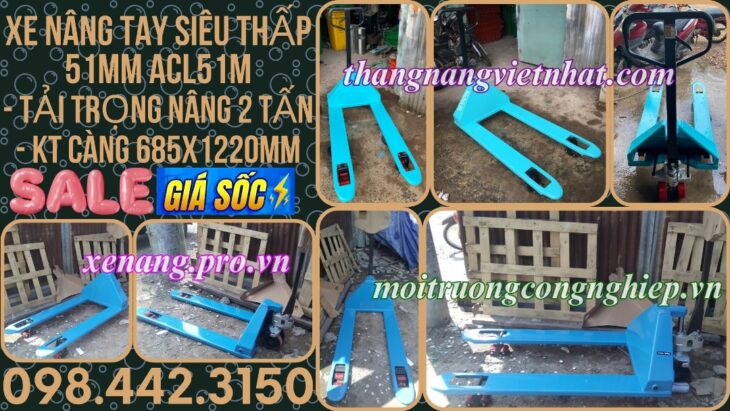 Xe nâng tay siêu thấp 51mm tải 2 tấn càng rộng 685x1220mm