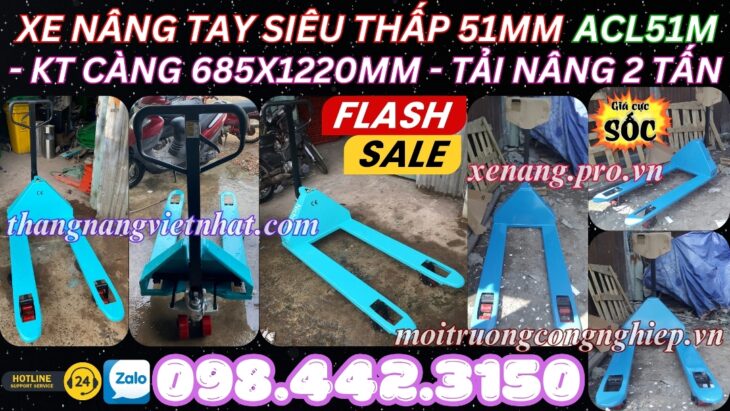 Xe nâng tay siêu thấp 51mm tải 2 tấn càng rộng 685x1220mm