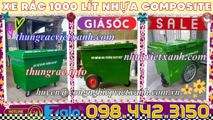 Thùng rác 1000 lít nhựa composite 4 bánh xe và 3 bánh xe