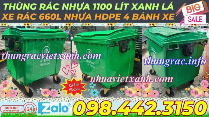 Thùng rác 1100 lít nhựa HDPE – 4 bánh xe – màu xanh lá