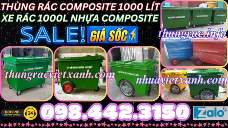 Thùng rác 1000 lít nhựa composite 4 bánh xe và 3 bánh xe