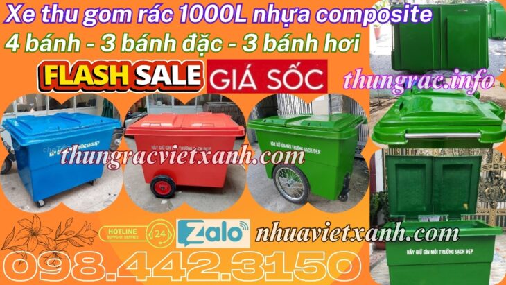 Thùng rác 1000 lít nhựa composite 4 bánh xe và 3 bánh xe