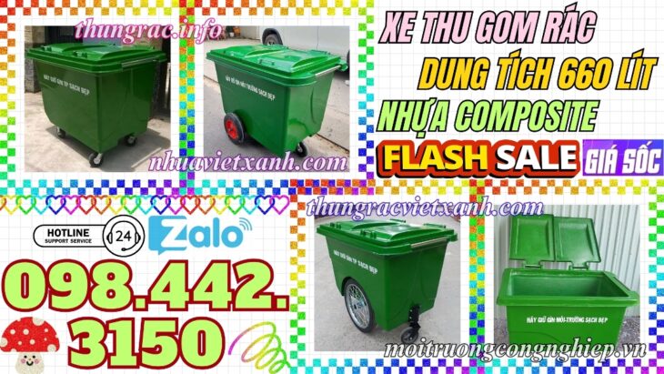 Thùng rác 660 lít nhựa composite 4 bánh xe và 3 bánh xe đặc/hơi