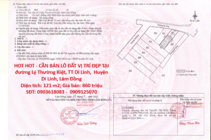 HOT HOT – CẦN BÁN LÔ ĐẤT VỊ TRÍ ĐẸP TẠI đường Lý Thường Kiệt, TT Di Linh, Huyện Di Linh, Lâm Đồng